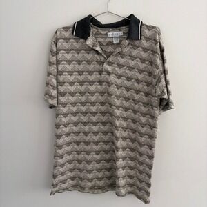 Tribute Mens Geometric Knit Polo Shirt Brown Gray Short Sleeve Medium